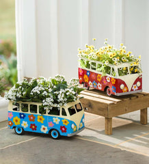 Plow &amp; Hearth Home Accents | Indoor Living Vintage Style Flower Power Miniature Bus Garden Planter - Blue