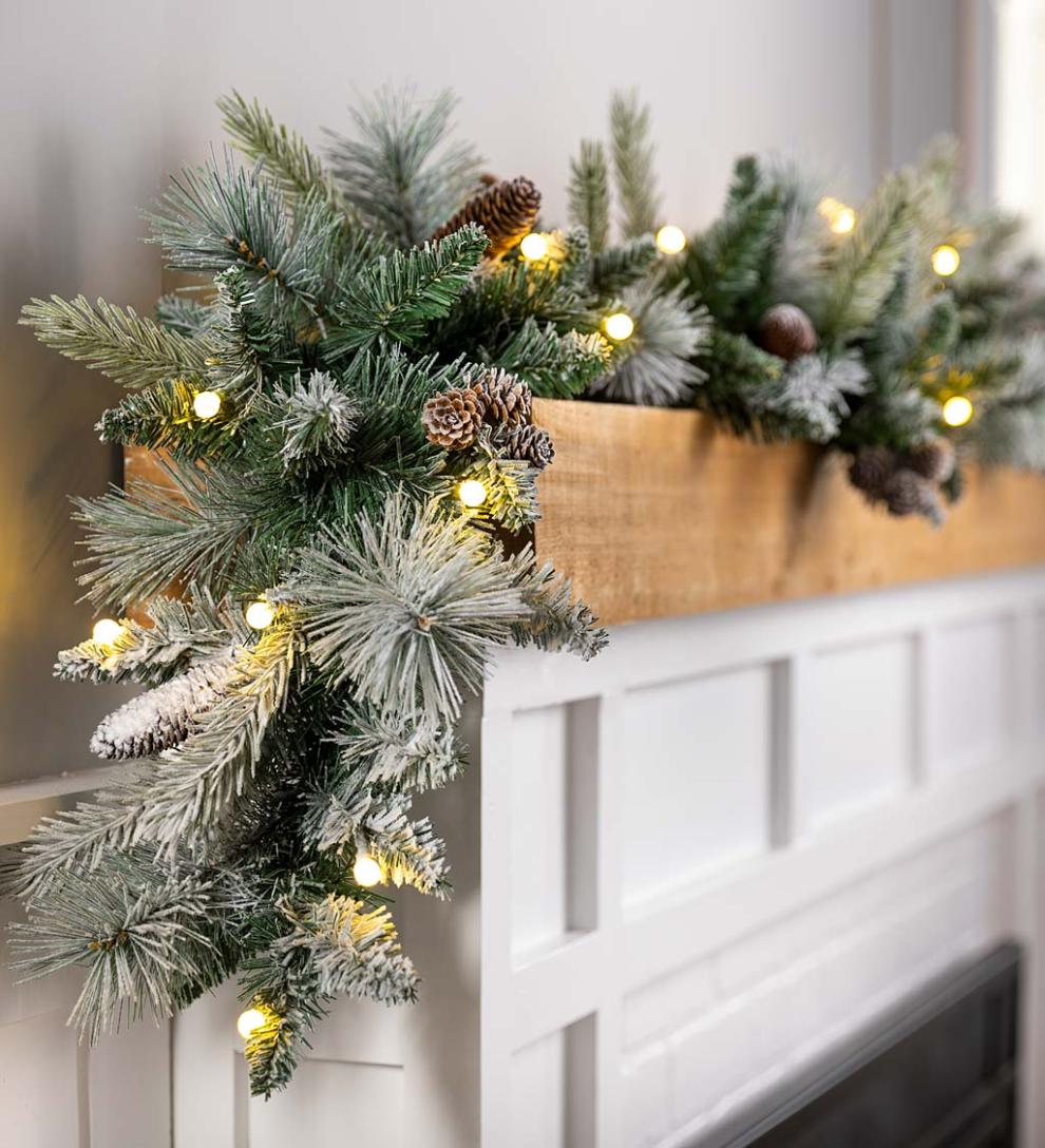 Plow &amp; Hearth Home Accents | Indoor Living Winter Frost Holiday Garland With White And Multicolor Lights