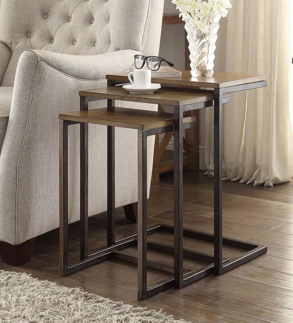 Plow &amp; Hearth Home Office | Indoor Living 3-Piece Industrial Style Rectangular Metal And Wood Nesting Tables - Chestnut