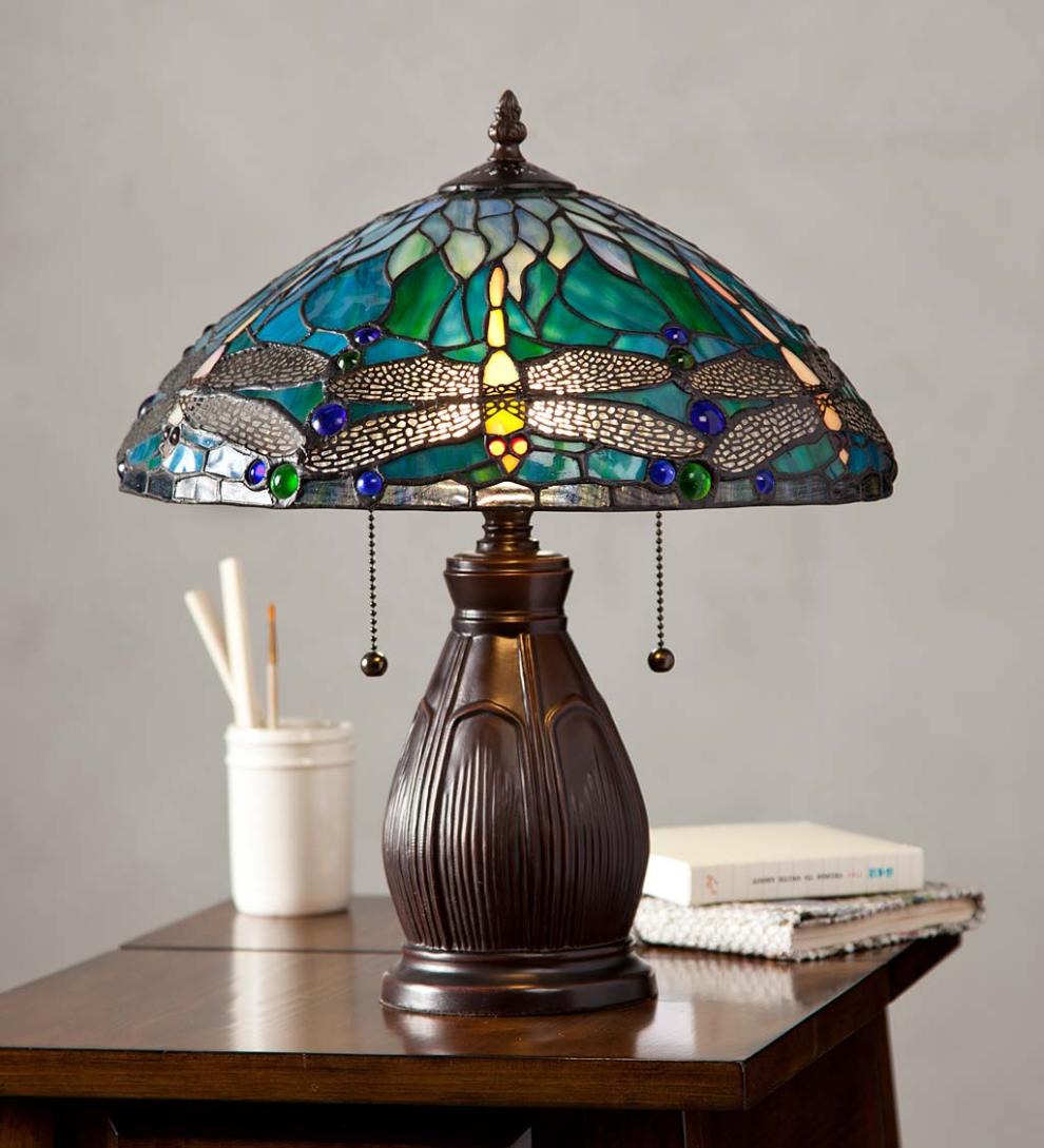 Plow &amp; Hearth Home Office | Indoor Living Allendale Dragonfly Tiffany Stained Glass Table Lamp