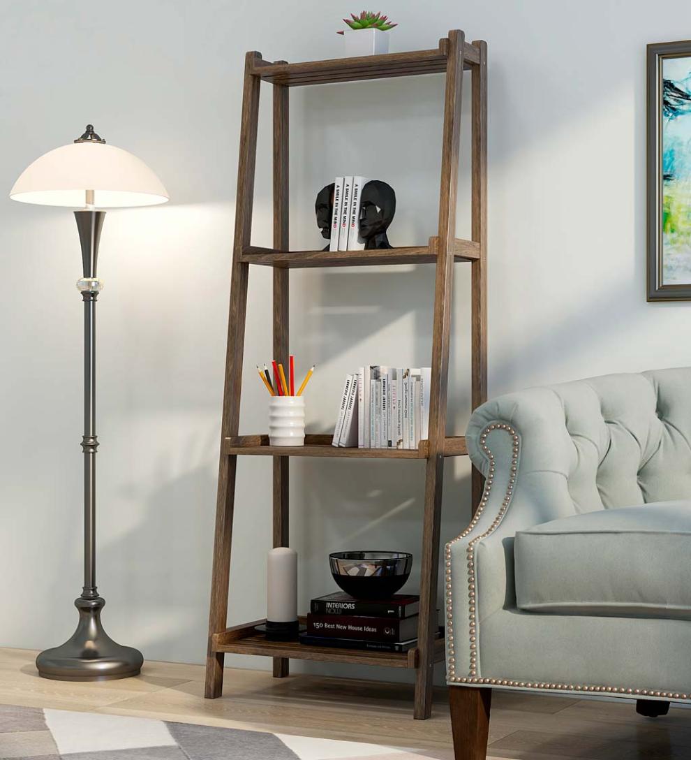 Plow &amp; Hearth Home Office | Indoor Living Farmhouse 4-Tier Wooden Leaning Ladder Shelf - Antique Chestnut