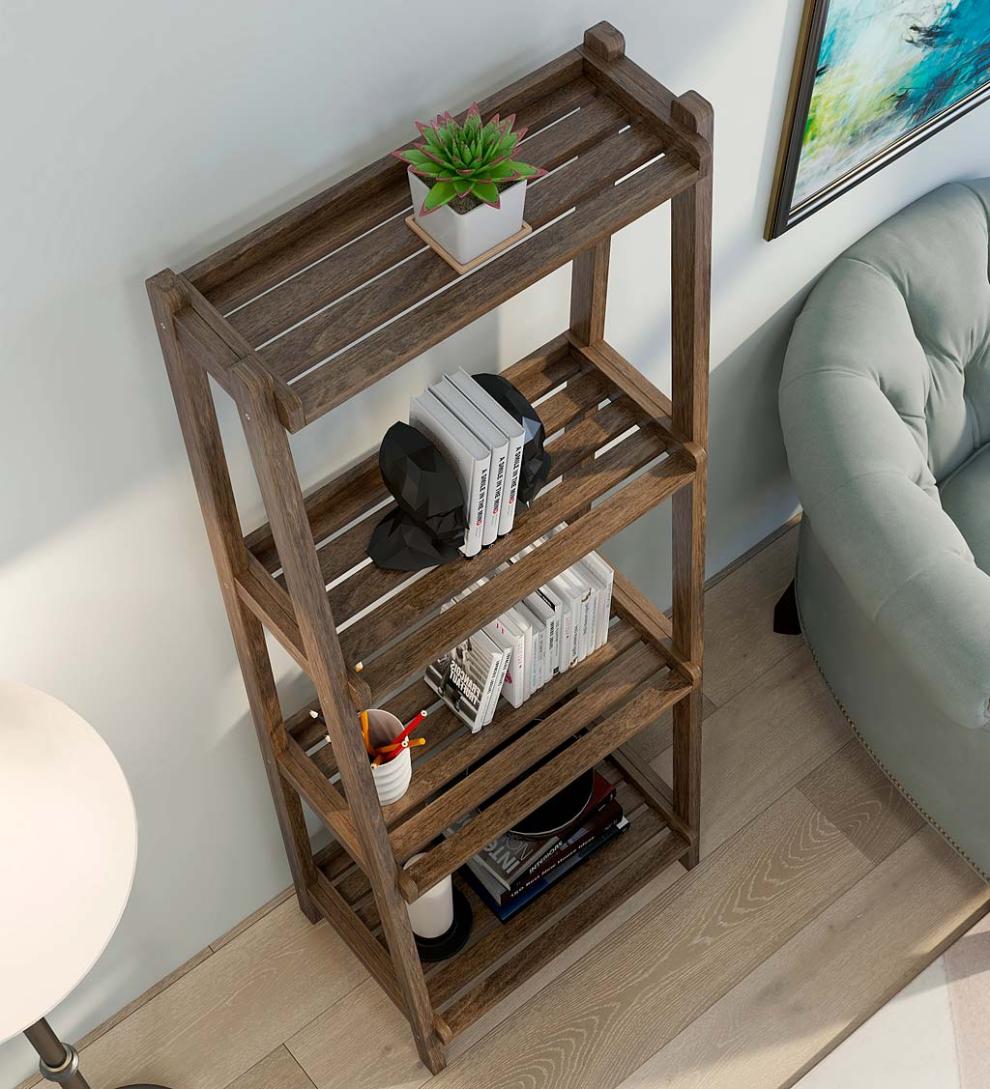 Plow &amp; Hearth Home Office | Indoor Living Farmhouse 4-Tier Wooden Leaning Ladder Shelf - Antique Chestnut