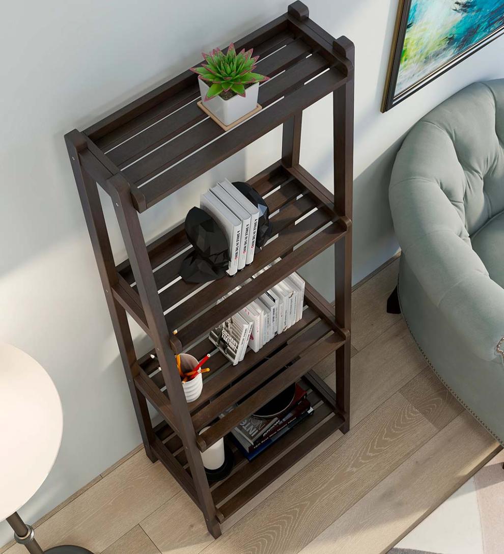 Plow &amp; Hearth Home Office | Indoor Living Farmhouse 4-Tier Wooden Leaning Ladder Shelf - Antique Chestnut