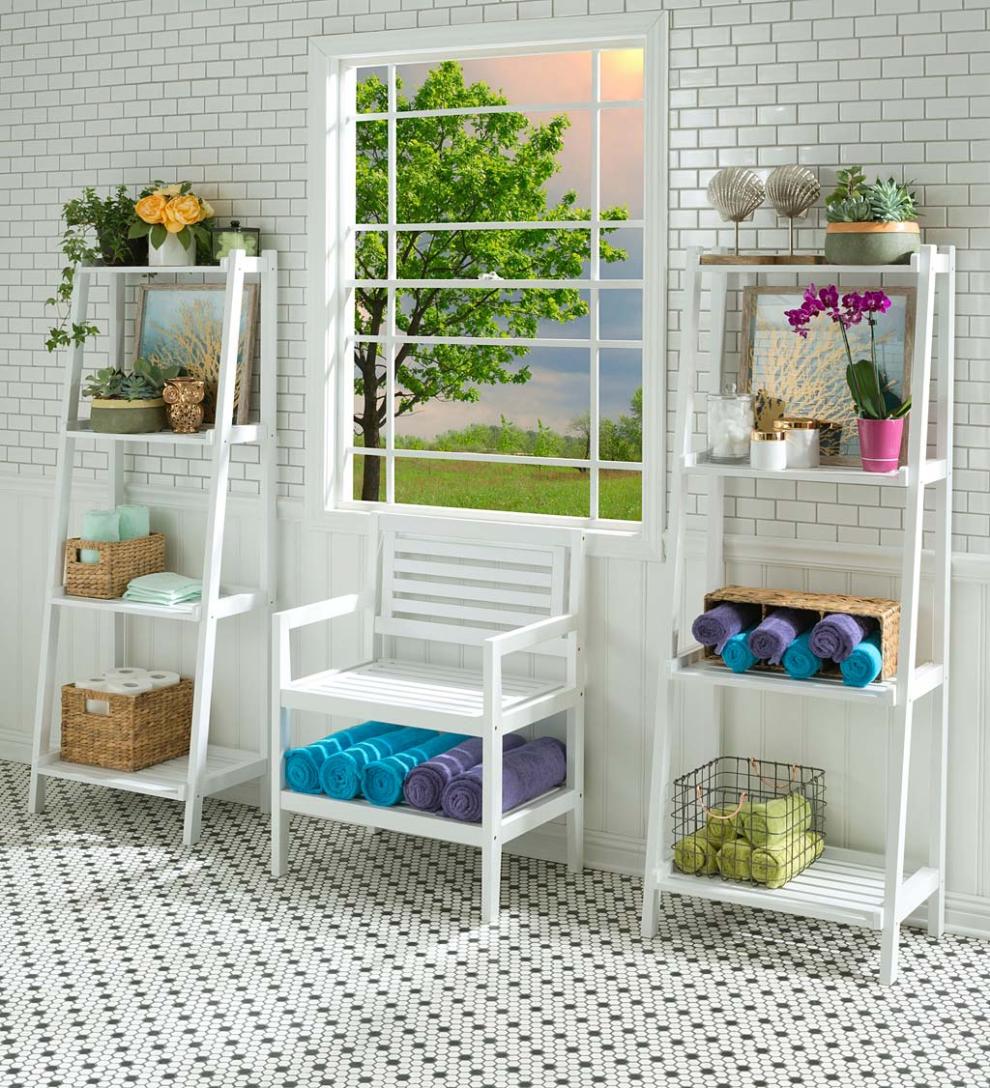 Plow &amp; Hearth Home Office | Indoor Living Farmhouse 4-Tier Wooden Leaning Ladder Shelf - Antique Chestnut