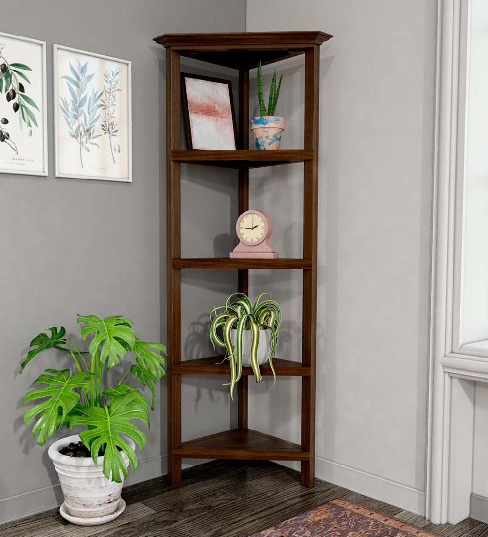 Plow &amp; Hearth Home Office | Indoor Living Farmhouse Four-Shelf Corner Bookcase - Walnut