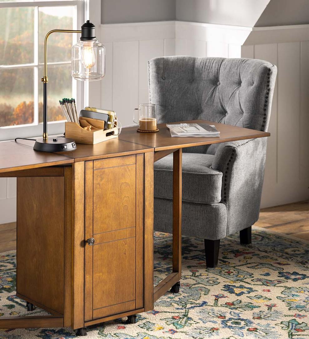 Plow &amp; Hearth Home Office | Indoor Living Folding Hideaway Double Desk With Cabinet And Chargers