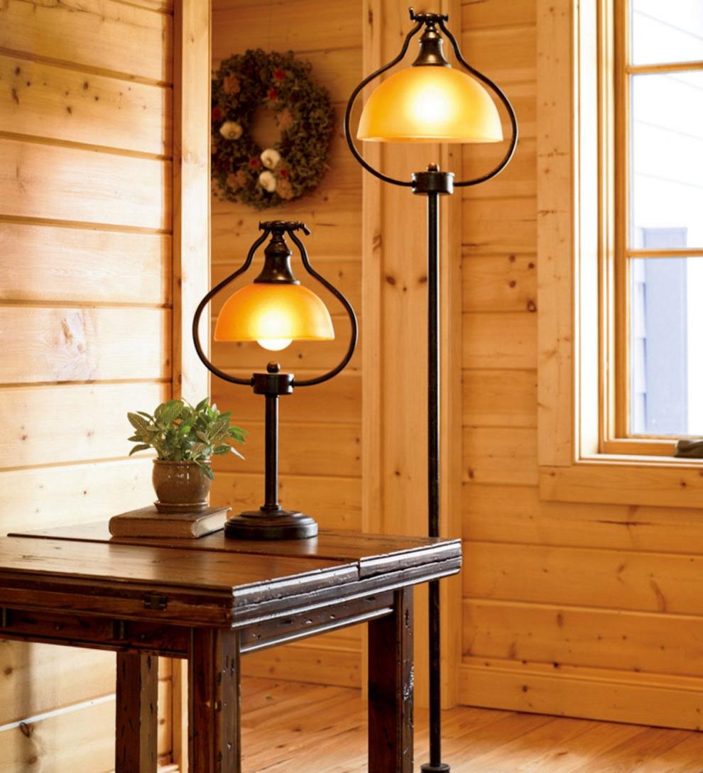 Plow &amp; Hearth Home Office | Indoor Living Library Lamps With Amber Glass Shade And Antique Bronze Finish