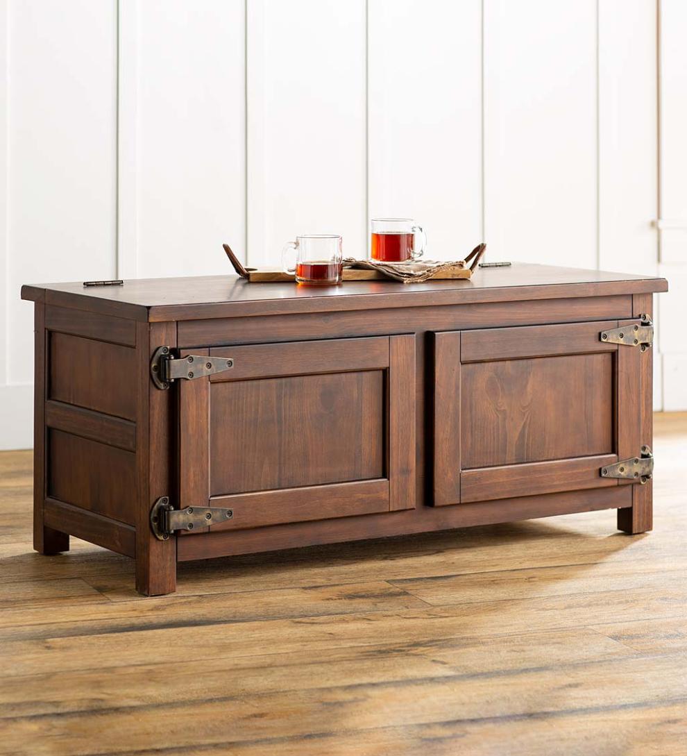 Plow &amp; Hearth Home Office | Indoor Living Portland Ice Box Wood Coffee Table/Bench With Replica Hardware - Walnut