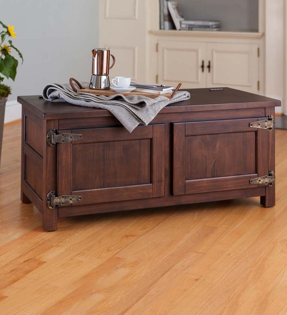 Plow &amp; Hearth Home Office | Indoor Living Portland Ice Box Wood Coffee Table/Bench With Replica Hardware - Walnut