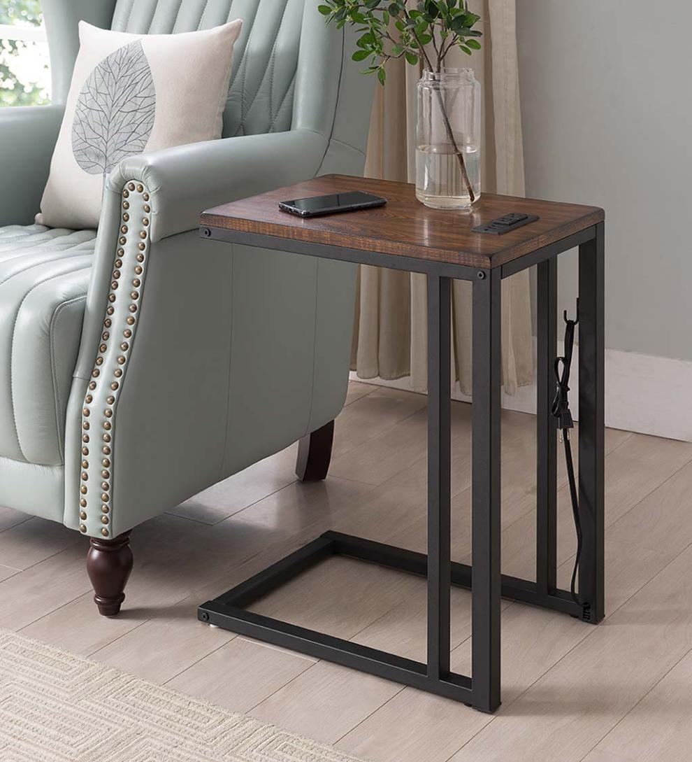 Plow &amp; Hearth Home Office | Indoor Living Pull-Up Table With Charging Station - Black