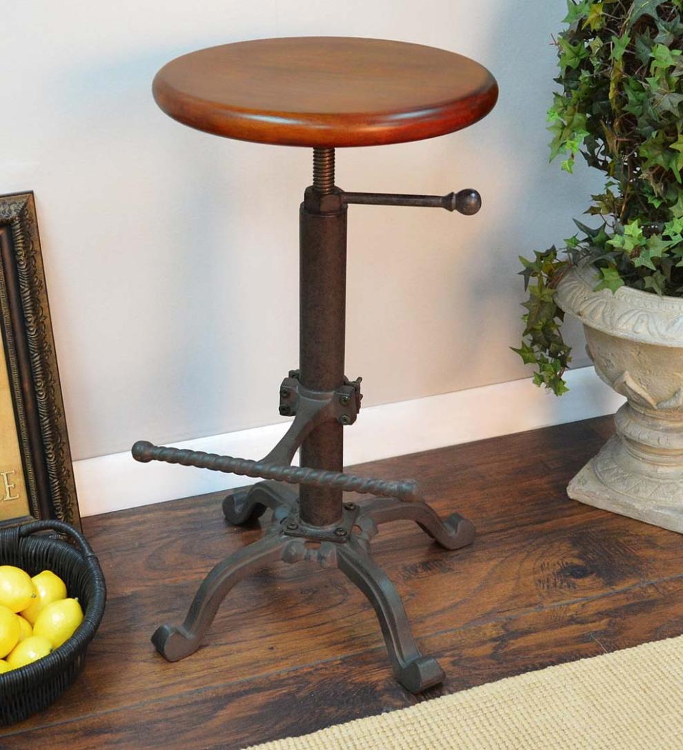 Plow &amp; Hearth Kitchen &amp; Bar Stools | Indoor Living Industrial-Style Adjustable-Height Wood And Metal Stool - Chestnut