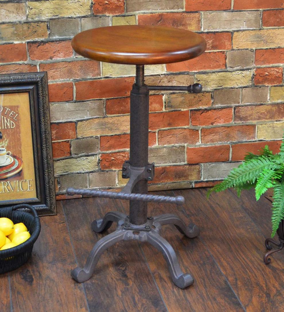 Plow &amp; Hearth Kitchen &amp; Bar Stools | Indoor Living Industrial-Style Adjustable-Height Wood And Metal Stool - Chestnut