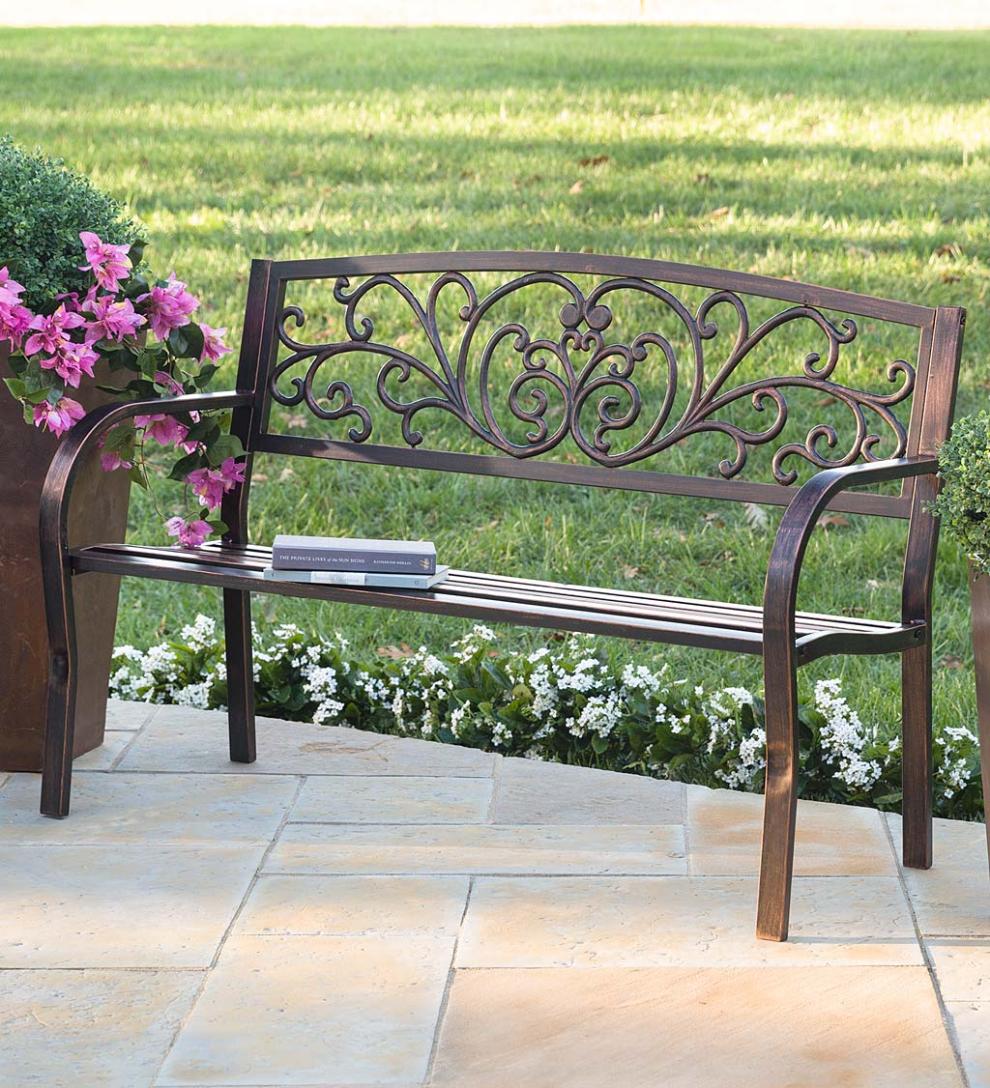 Plow &amp; Hearth Metal Furniture | Outdoor Living Blooming Garden Metal Bench