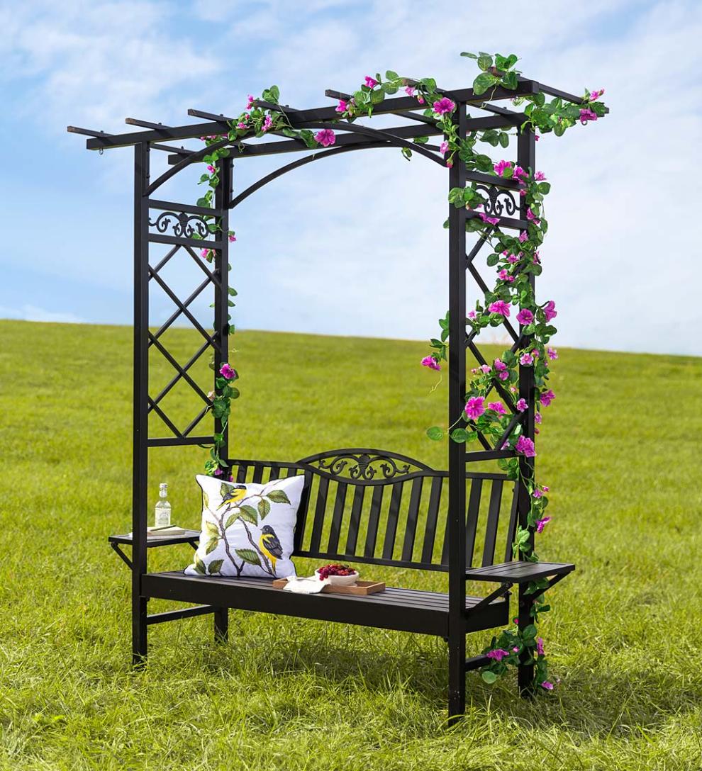 Plow &amp; Hearth Metal Furniture | Outdoor Living Cast Aluminum Arbor Bench Pergola With Side Tables - Black