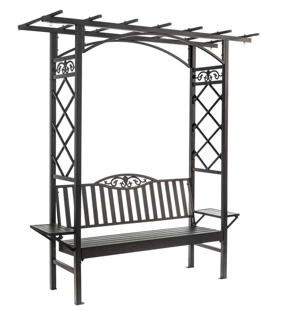 Plow &amp; Hearth Metal Furniture | Outdoor Living Cast Aluminum Arbor Bench Pergola With Side Tables - Black