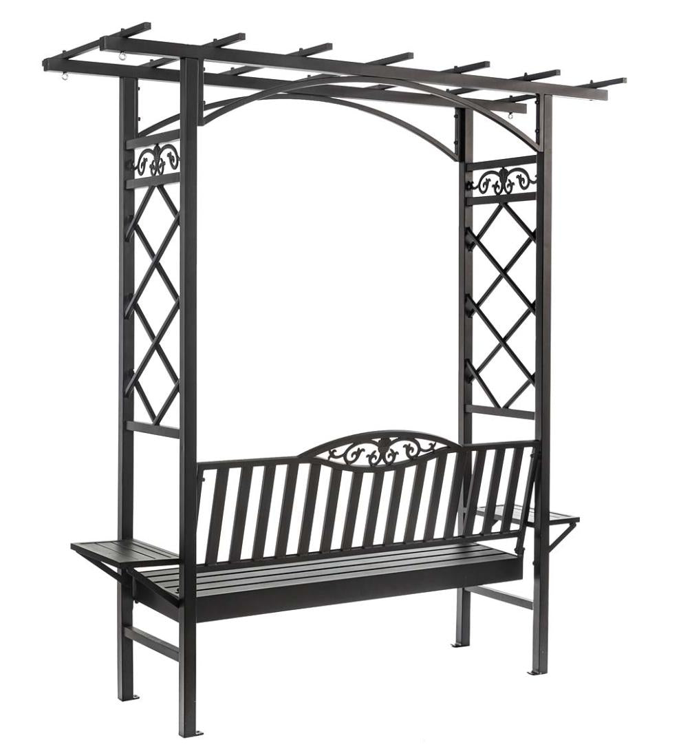 Plow &amp; Hearth Metal Furniture | Outdoor Living Cast Aluminum Arbor Bench Pergola With Side Tables - Black