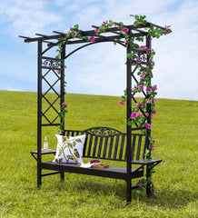 Plow &amp; Hearth Metal Furniture | Outdoor Living Cast Aluminum Arbor Bench Pergola With Side Tables - Black