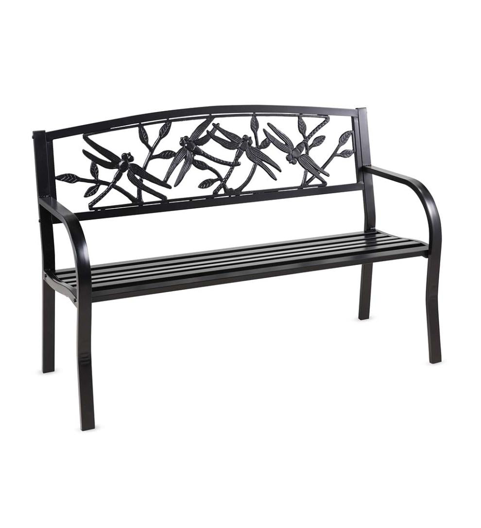 Plow &amp; Hearth Metal Furniture | Outdoor Living Dragonfly Metal Garden Bench - Black