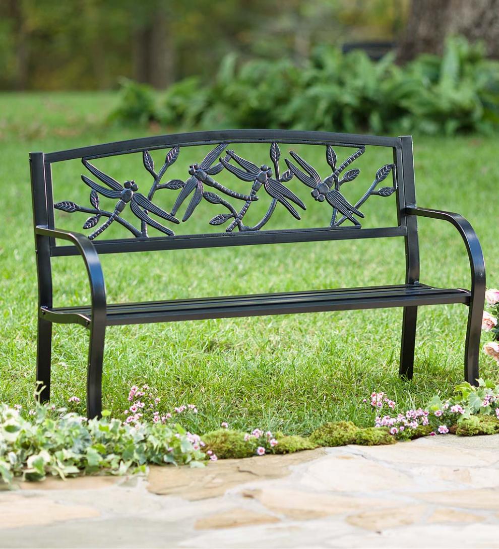 Plow &amp; Hearth Metal Furniture | Outdoor Living Dragonfly Metal Garden Bench - Black