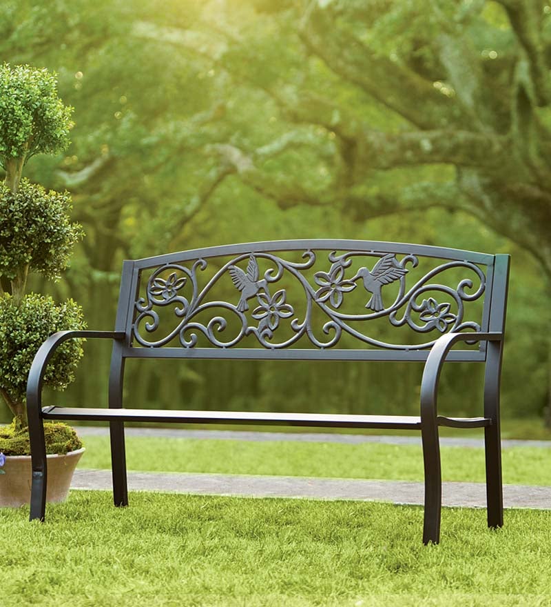 Plow &amp; Hearth Metal Furniture | Outdoor Living Hummingbird Metal Garden Bench - Black