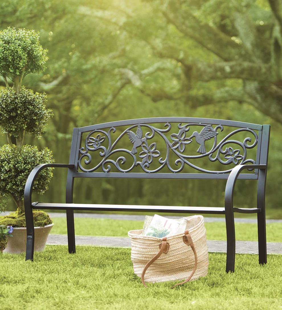 Plow &amp; Hearth Metal Furniture | Outdoor Living Hummingbird Metal Garden Bench - Black