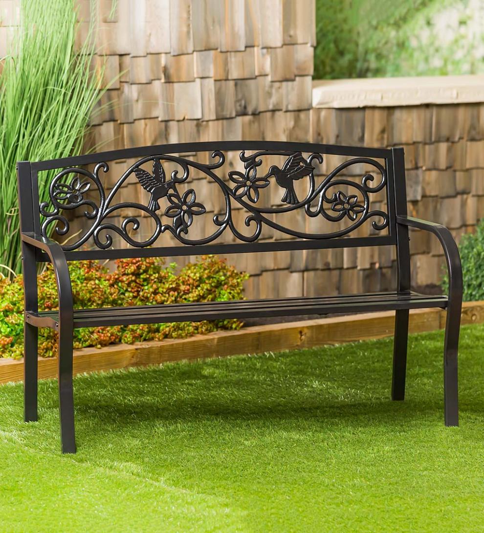 Plow &amp; Hearth Metal Furniture | Outdoor Living Hummingbird Metal Garden Bench - Black