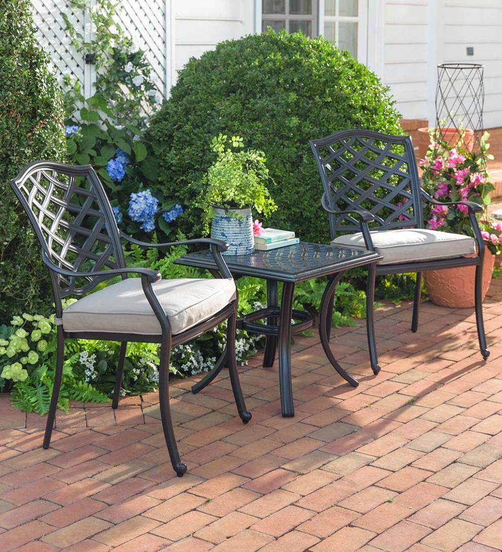 Plow &amp; Hearth Metal Furniture | Outdoor Living Park Grove Cast Aluminum Outdoor 3-Piece Seating Set With Cushions