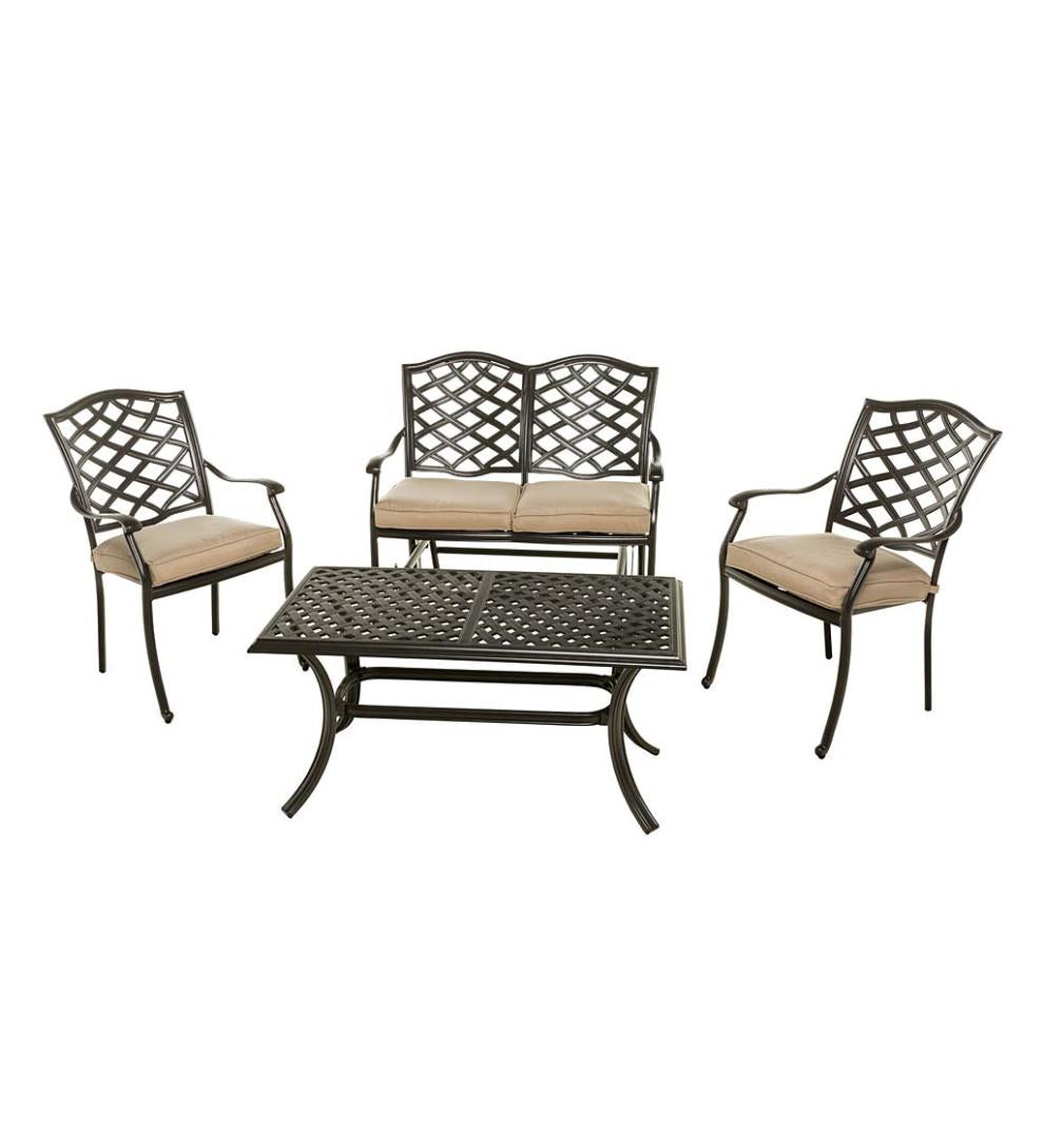 Plow &amp; Hearth Metal Furniture | Outdoor Living Park Grove Cast Aluminum Outdoor 4-Piece Seating Set With Cushions