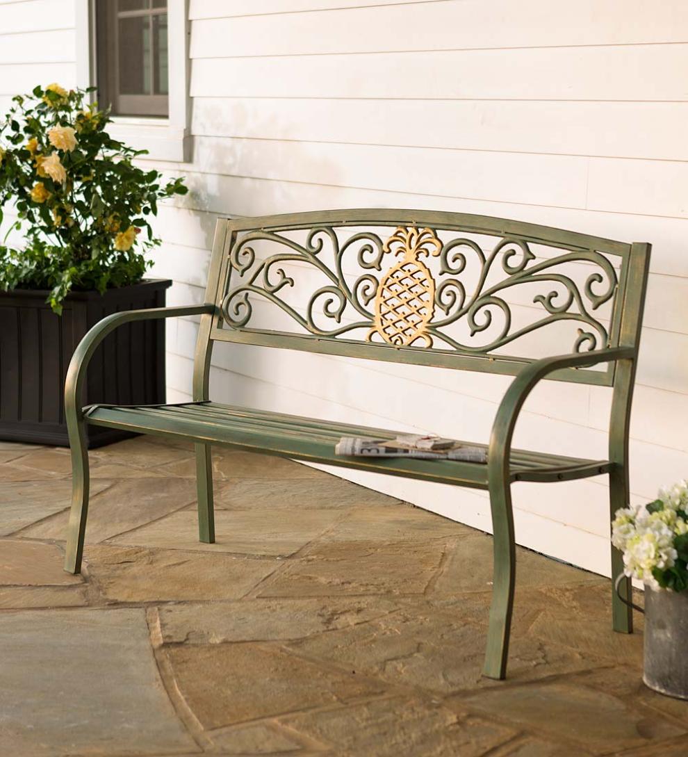 Plow &amp; Hearth Metal Furniture | Outdoor Living Pineapple Metal Garden Bench - Verdigris