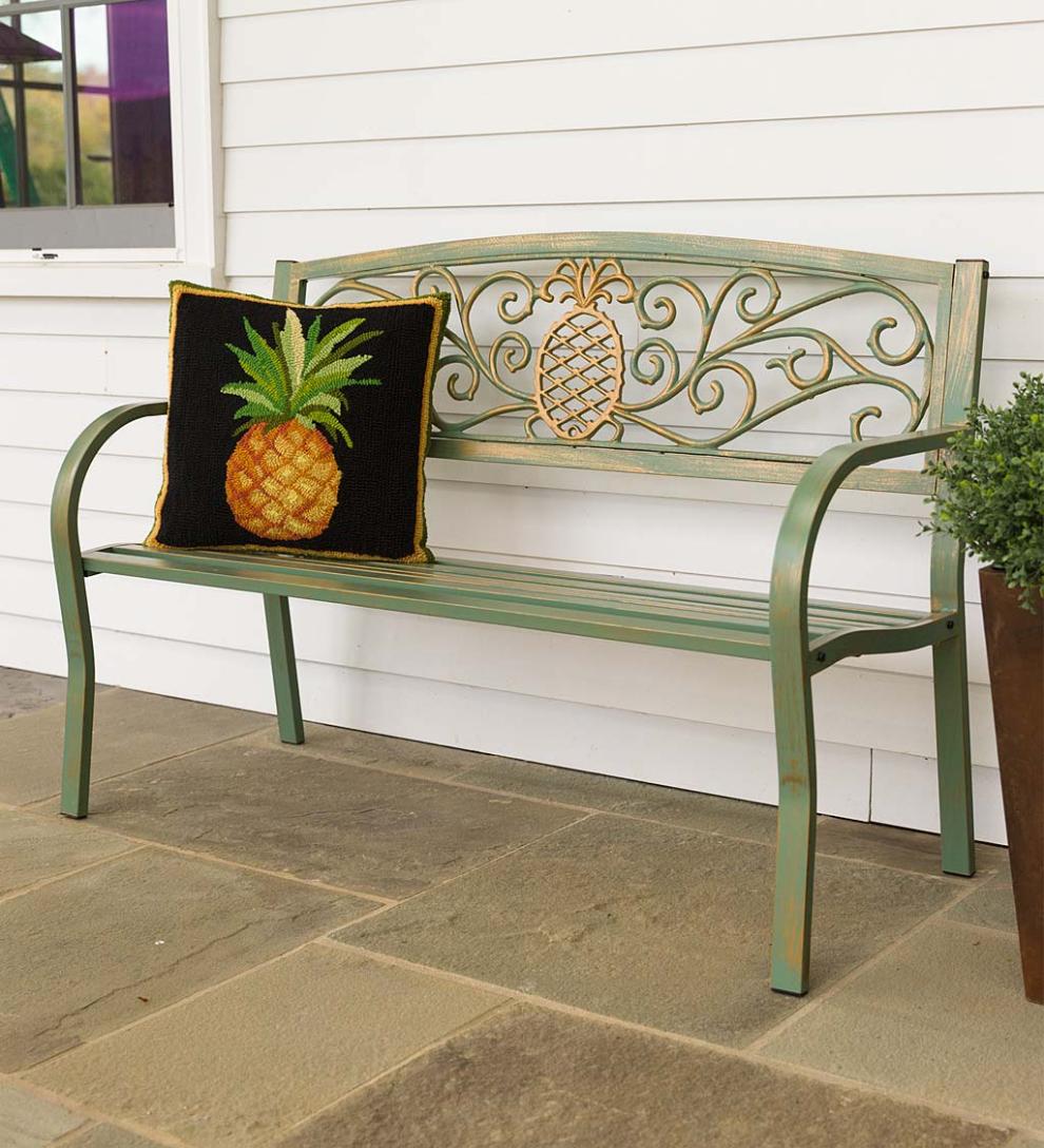 Plow &amp; Hearth Metal Furniture | Outdoor Living Pineapple Metal Garden Bench - Verdigris