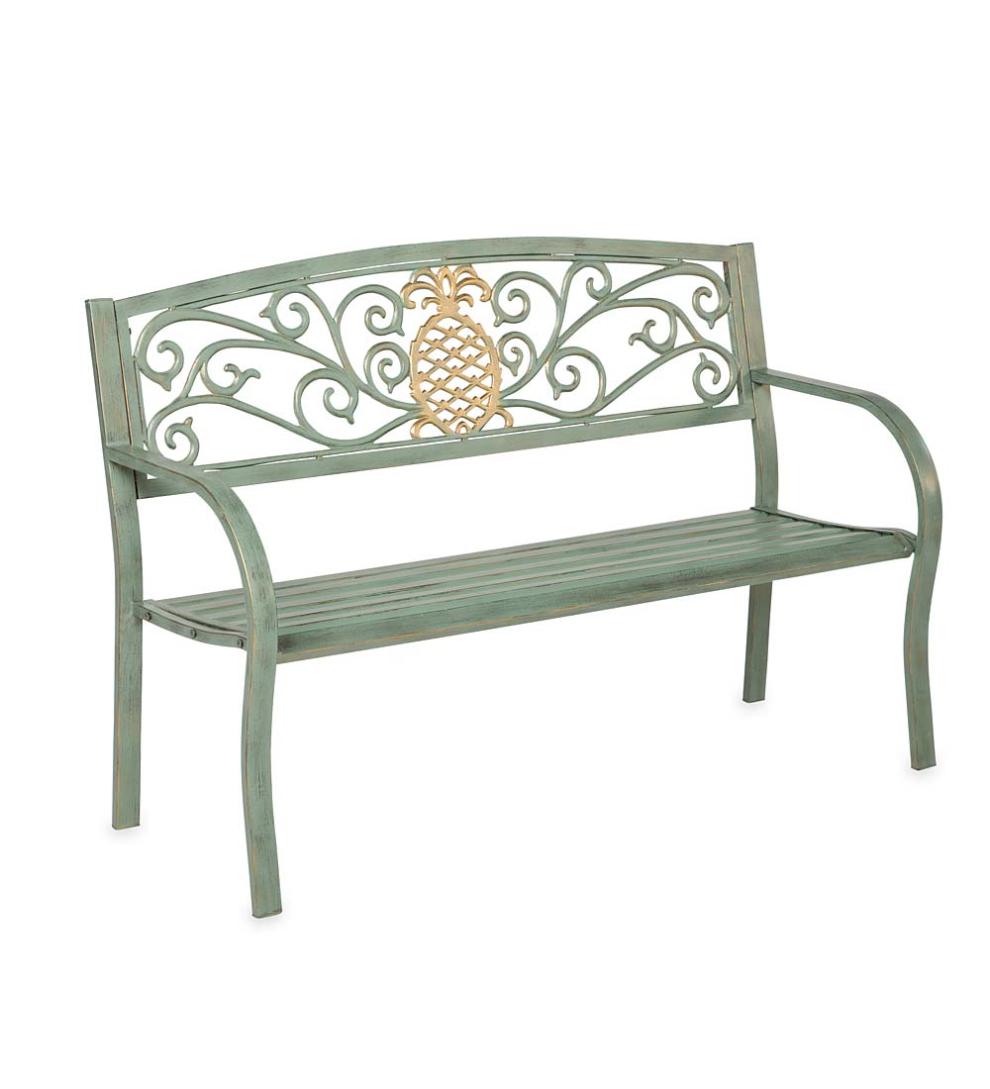 Plow &amp; Hearth Metal Furniture | Outdoor Living Pineapple Metal Garden Bench - Verdigris