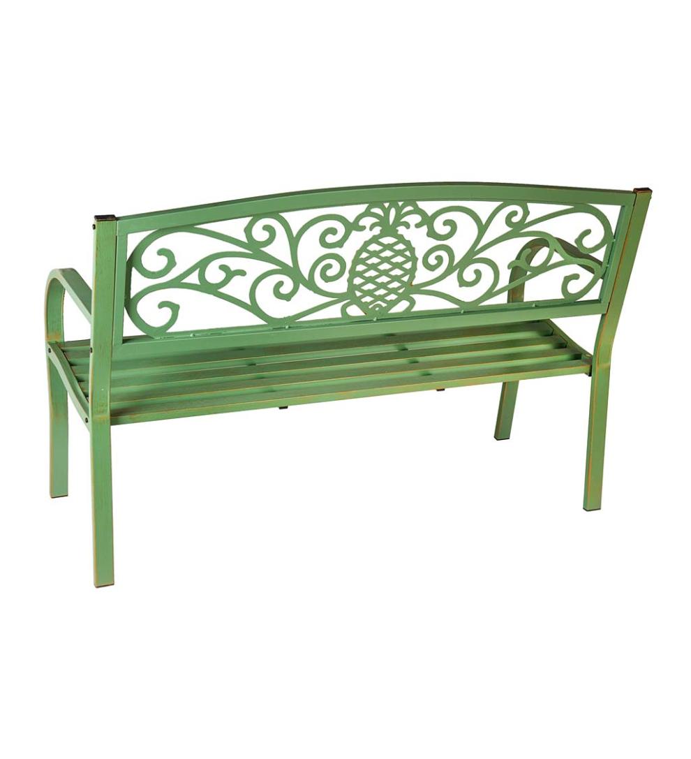 Plow &amp; Hearth Metal Furniture | Outdoor Living Pineapple Metal Garden Bench - Verdigris