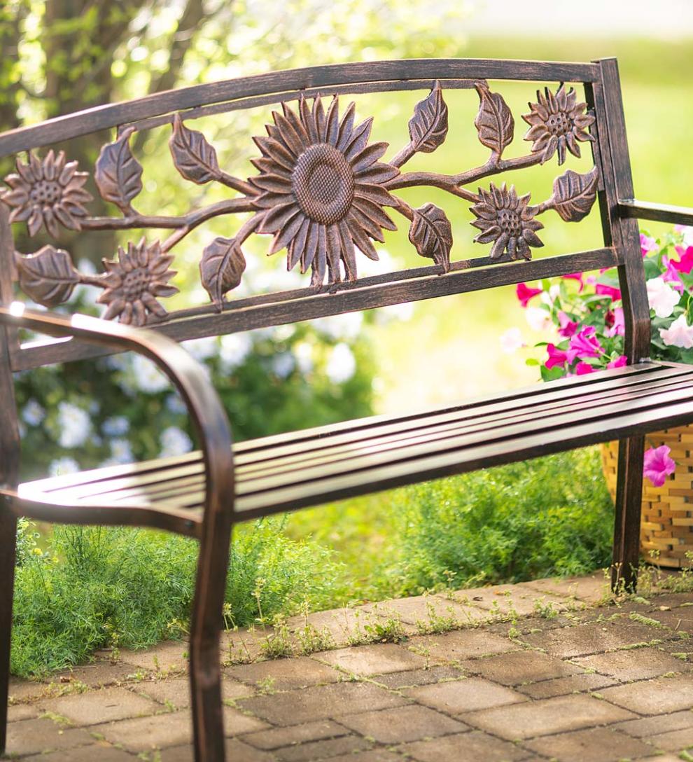 Plow &amp; Hearth Metal Furniture | Outdoor Living Sunflower Metal Garden Bench