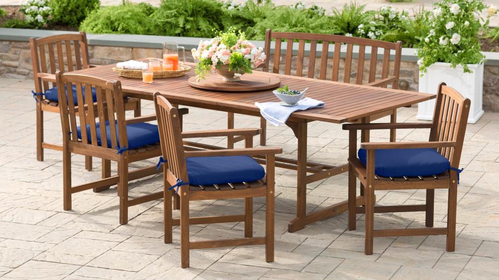Plow &amp; Hearth Outdoor Dining | Outdoor Living Lancaster Outdoor Furniture Collection, Eucalyptus Wood Extension Table And 6 Chairs