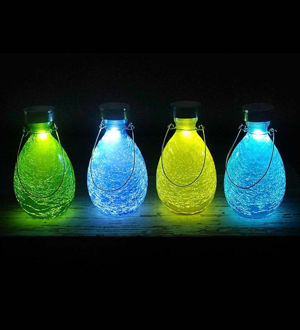 Plow &amp; Hearth Outdoor Lamps &amp; Lighting | Outdoor Living Crackled Glass Teardrop Solar Lantern - Blue