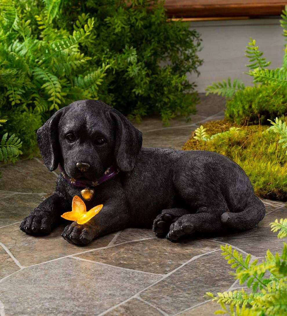 Plow &amp; Hearth Outdoor Lamps &amp; Lighting | Outdoor Living Labrador Retriever Puppy Statue With Solar Butterfly