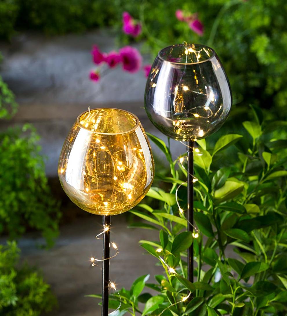 Plow &amp; Hearth Outdoor Lamps &amp; Lighting | Outdoor Living Smokey Glass Goblet Garden Stakes, Set Of 2