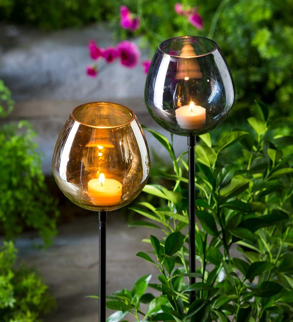 Plow &amp; Hearth Outdoor Lamps &amp; Lighting | Outdoor Living Smokey Glass Goblet Garden Stakes, Set Of 2