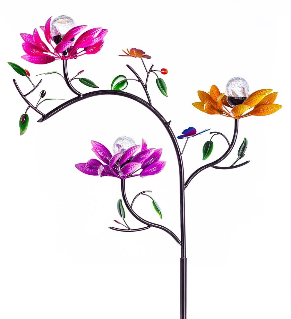 Plow &amp; Hearth Outdoor Lamps &amp; Lighting | Outdoor Living Triple Flower Spinner With Color-Changing Solar Crackle Glass Orbs