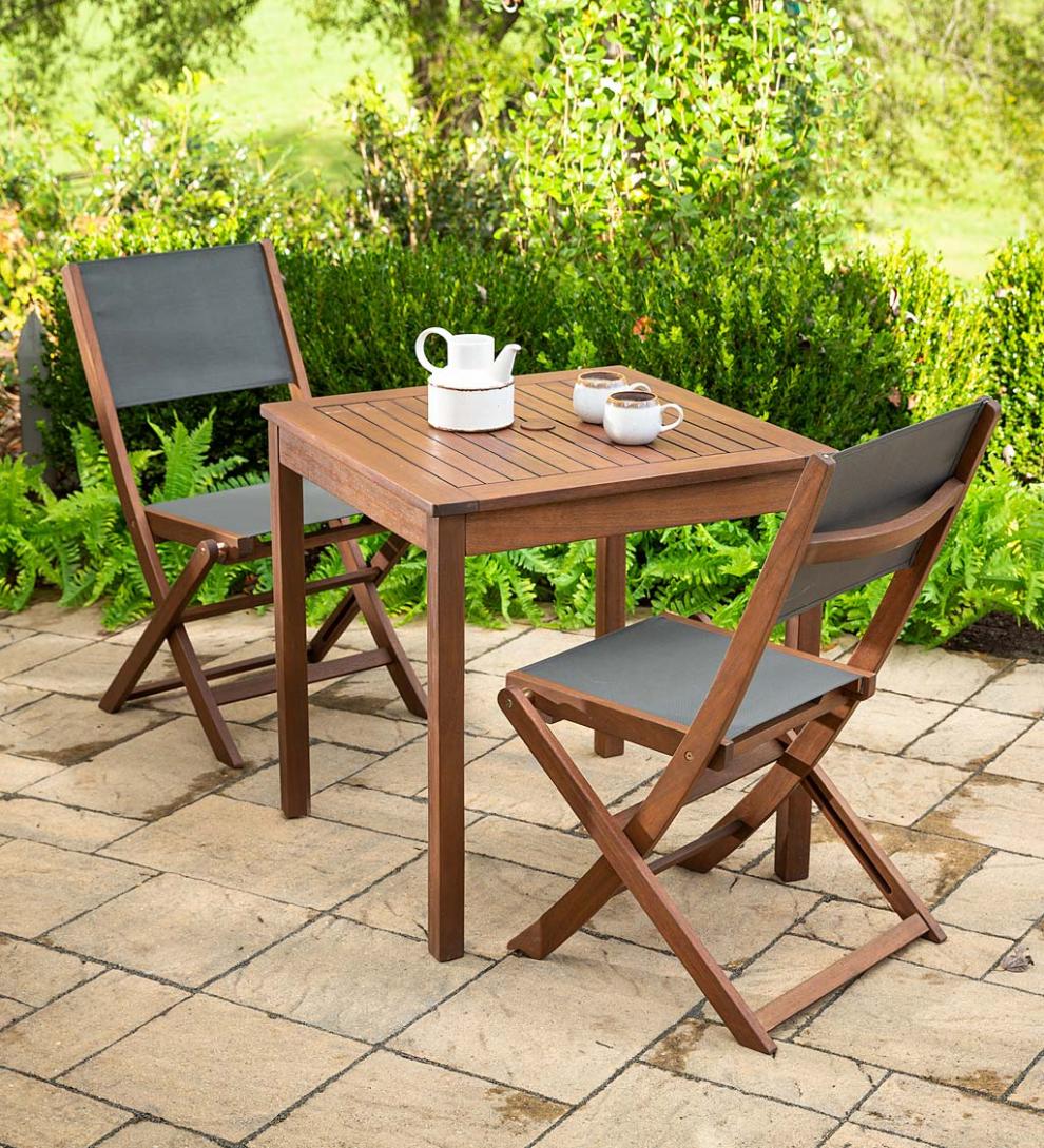 Plow &amp; Hearth Outdoor Seating Sets | Outdoor Living Eucalyptus Wood Outdoor Bistro Set With 2 Textilene Fabric Chairs