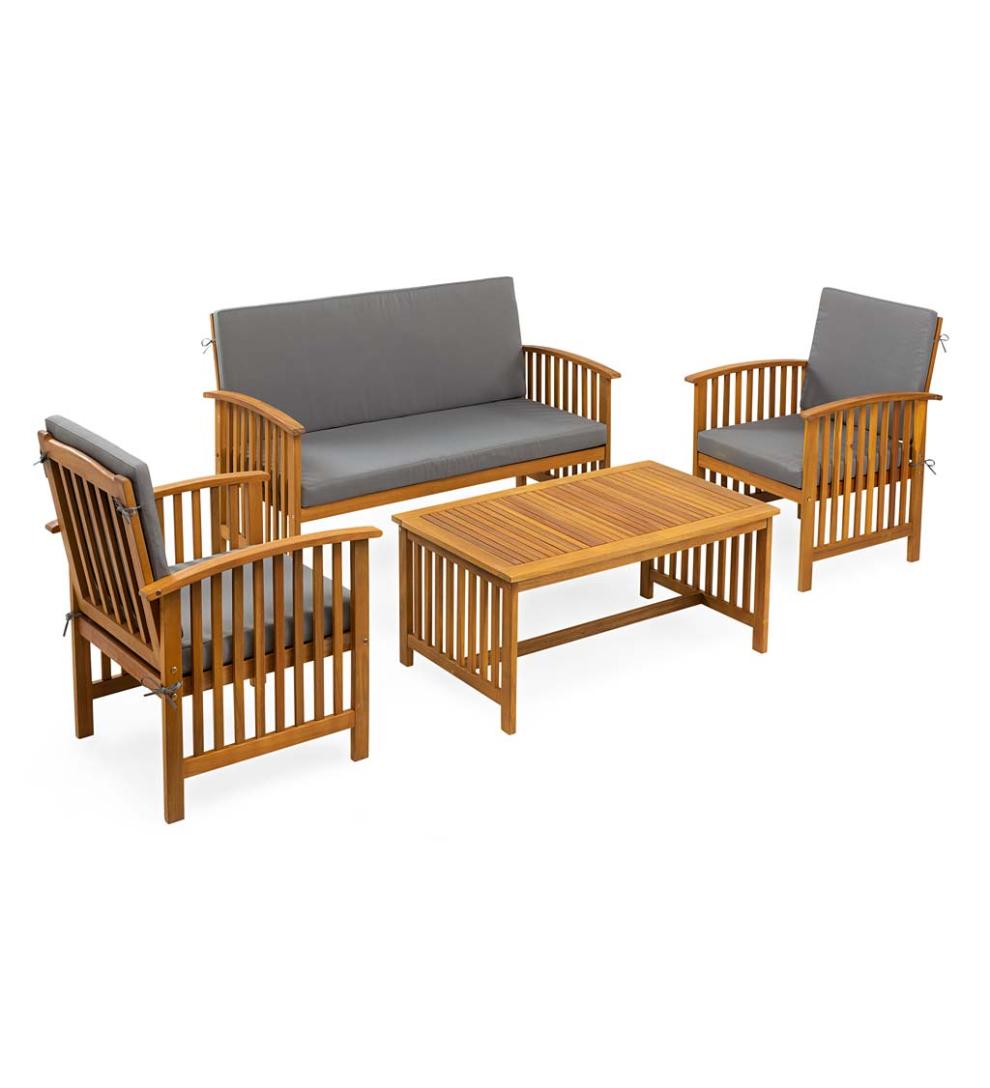 Plow &amp; Hearth Outdoor Seating Sets | Outdoor Living Mission Style Acadia Wood Outdoor Seating Set With Cushions - Natural