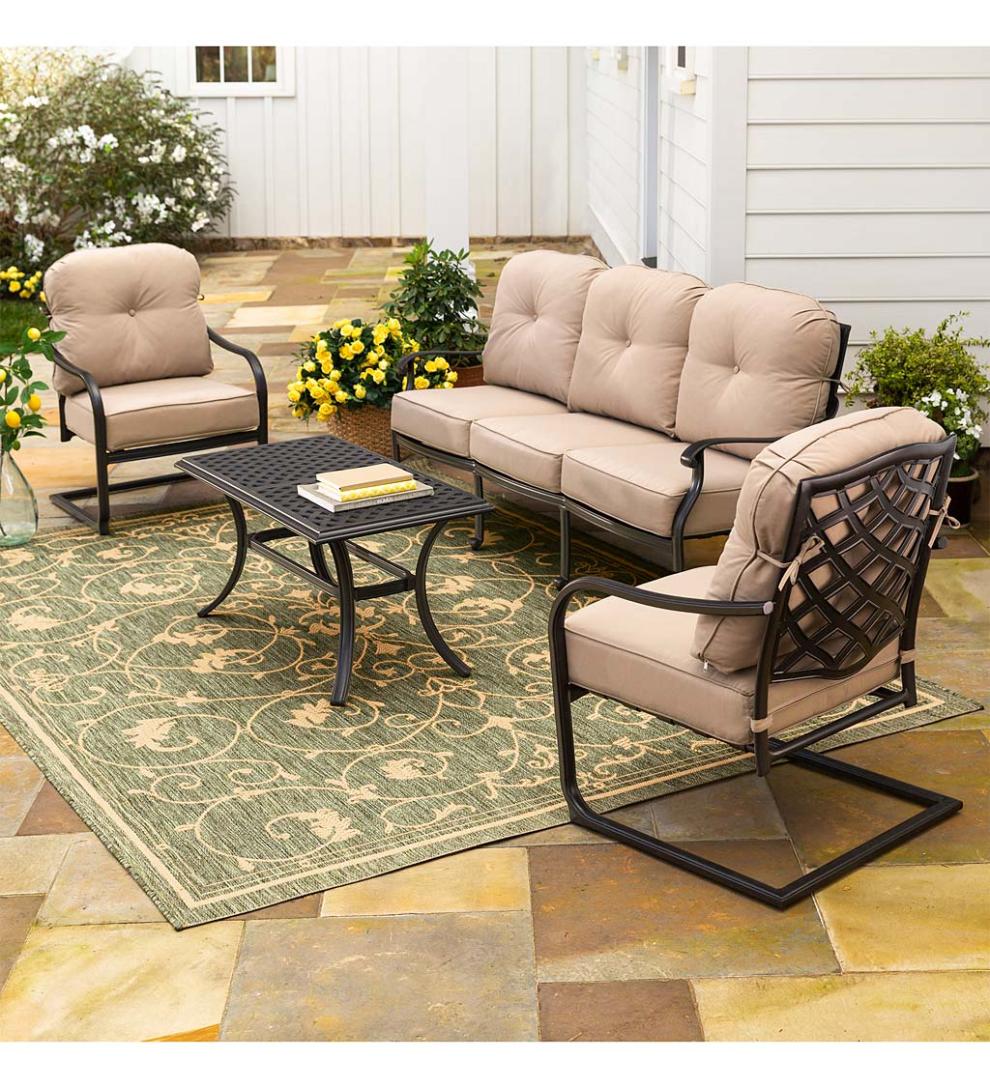 Plow &amp; Hearth Outdoor Seating Sets | Outdoor Living Park Grove Cast Aluminum Outdoor 4-Piece Deep Seating Sofa Set With Cushions