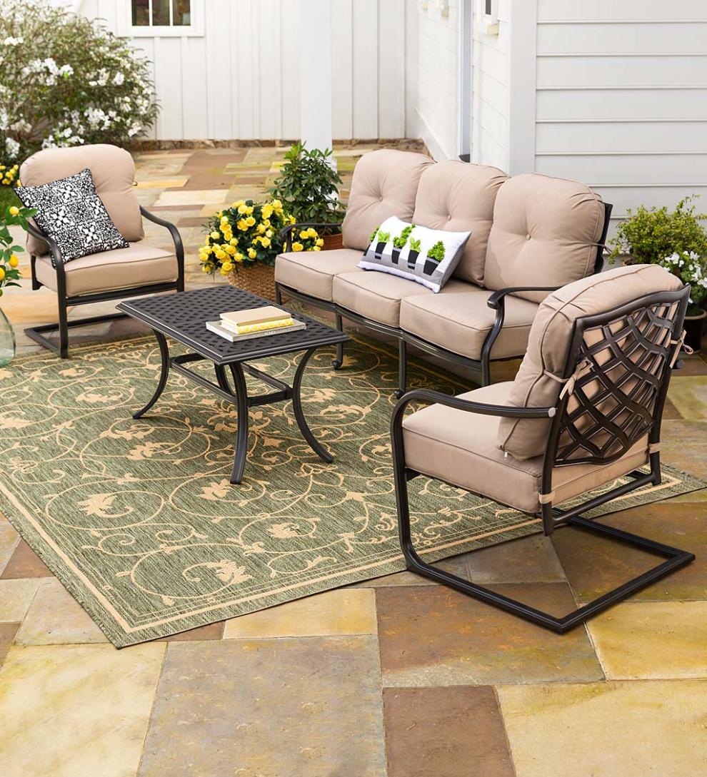 Plow &amp; Hearth Outdoor Seating Sets | Outdoor Living Park Grove Cast Aluminum Outdoor 4-Piece Deep Seating Sofa Set With Cushions