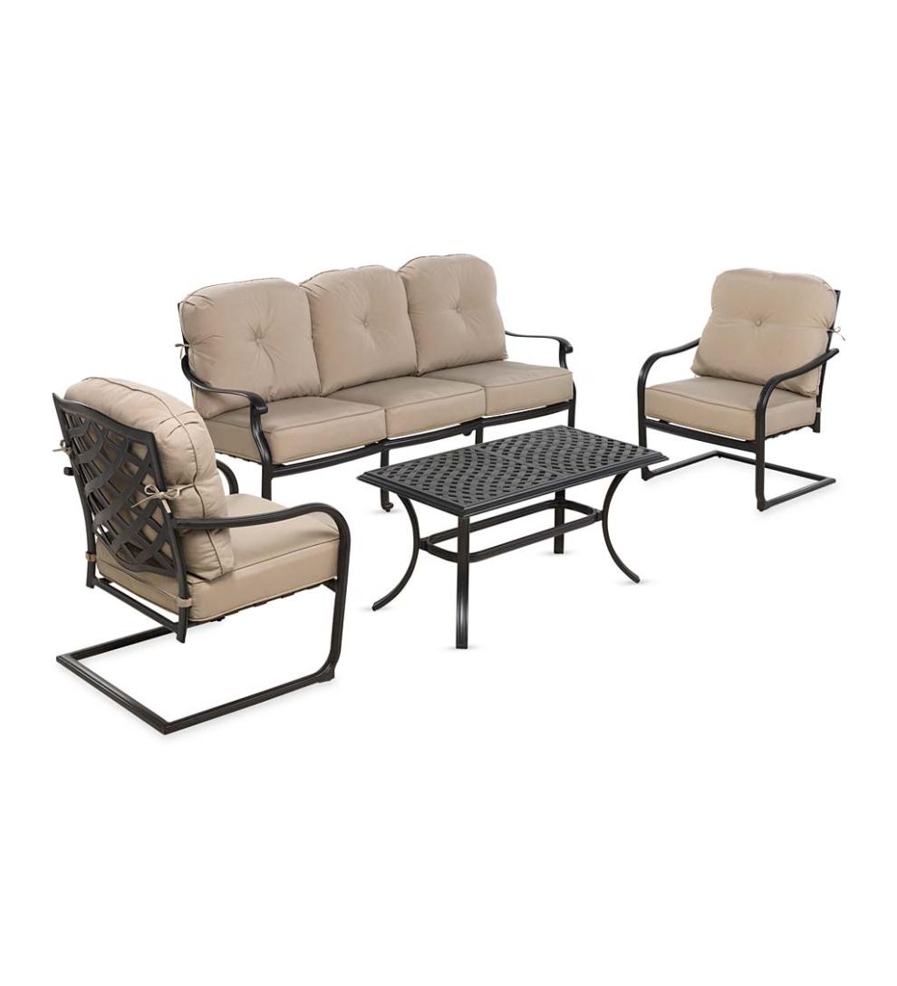 Plow &amp; Hearth Outdoor Seating Sets | Outdoor Living Park Grove Cast Aluminum Outdoor 4-Piece Deep Seating Sofa Set With Cushions