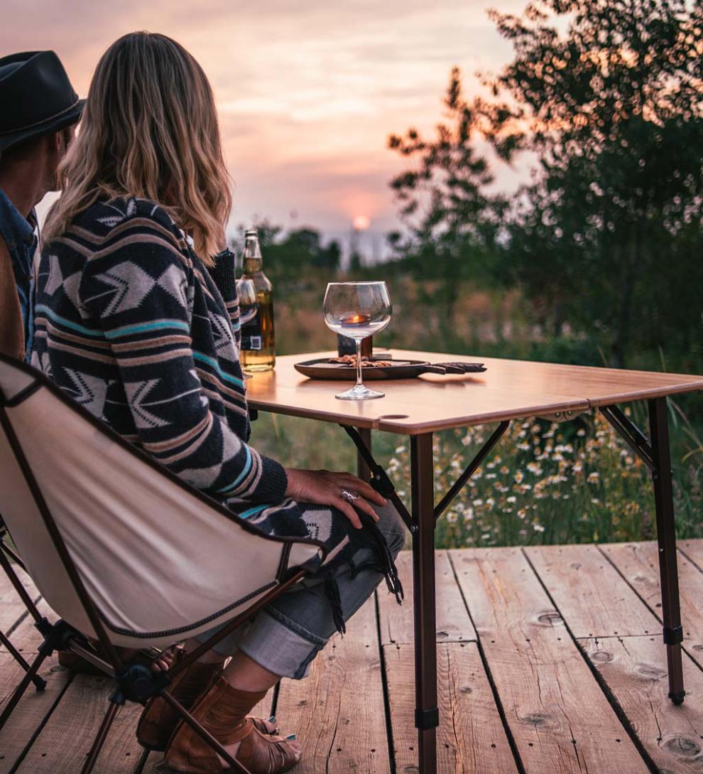Plow &amp; Hearth Outdoor Side Tables | Outdoor Living Bamboo Adjustable Height Folding Camp Table With Wine Glass Holders - Bamboo/Bronze
