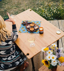 Plow &amp; Hearth Outdoor Side Tables | Outdoor Living Bamboo Adjustable Height Folding Camp Table With Wine Glass Holders - Bamboo/Bronze