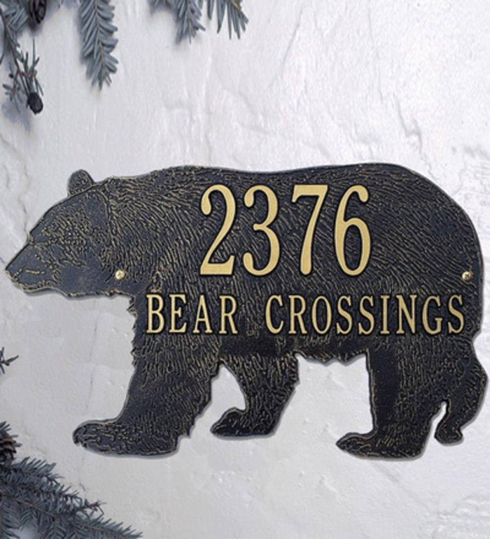 Plow &amp; Hearth Outdoor Wall Art | Outdoor Living American-Made Bear Silhouette Address Plaque In Cast Aluminum - Black