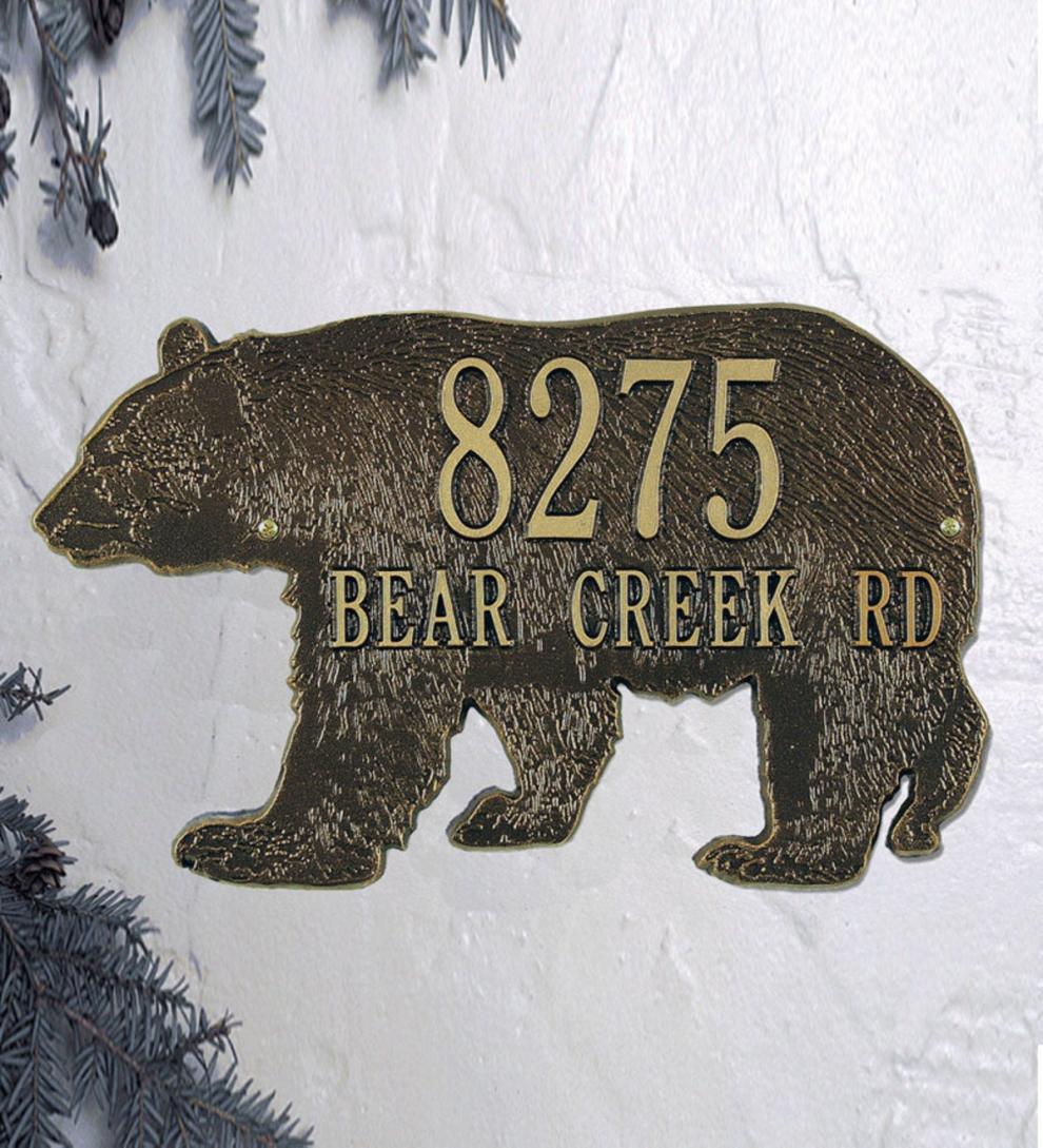 Plow &amp; Hearth Outdoor Wall Art | Outdoor Living American-Made Bear Silhouette Address Plaque In Cast Aluminum - Black