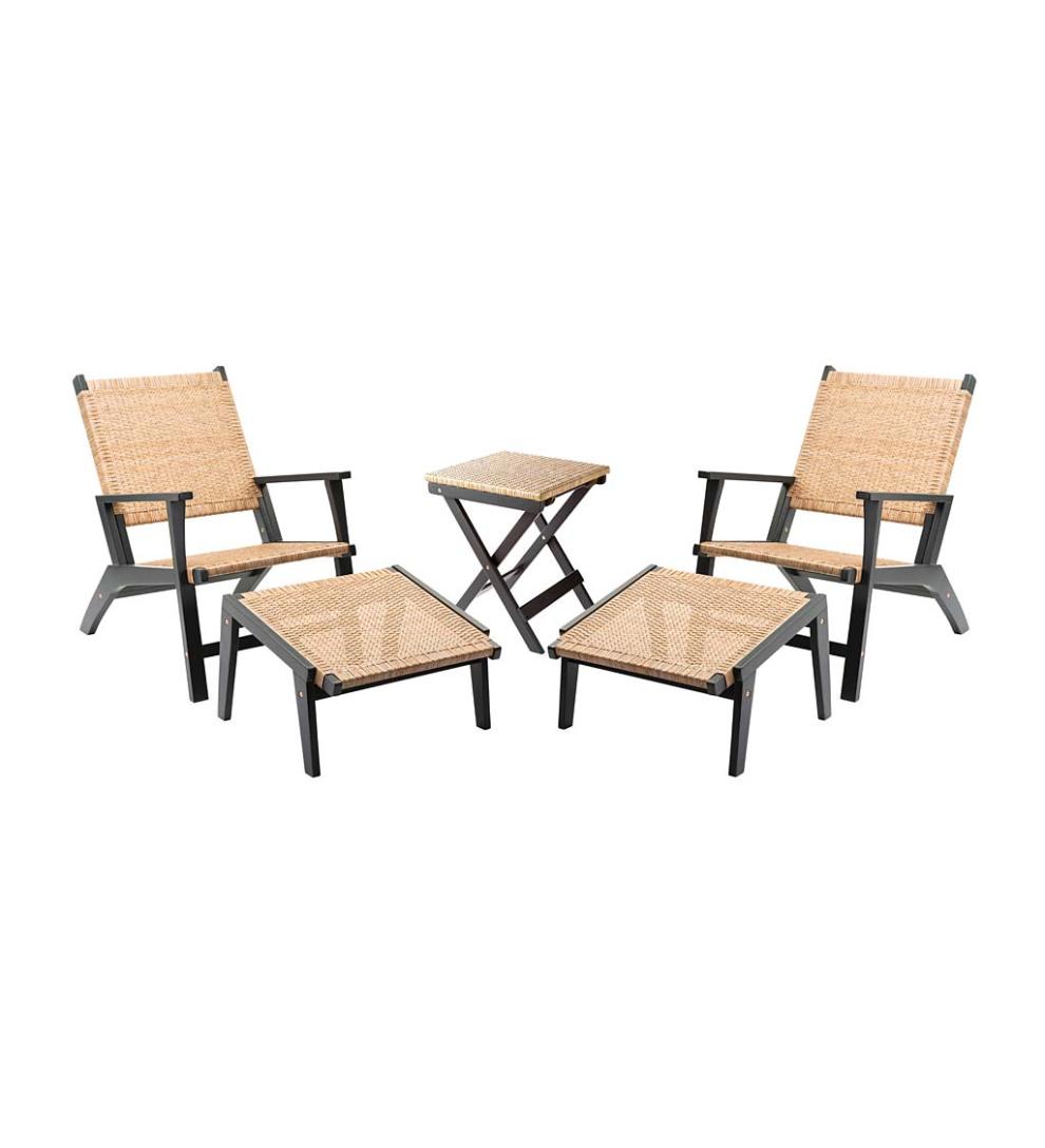 Plow &amp; Hearth Outdoor Wicker | Outdoor Living Claytor Eucalyptus Outdoor 2 Chairs And 2 Ottomans With Table, 5-Piece Set - Black