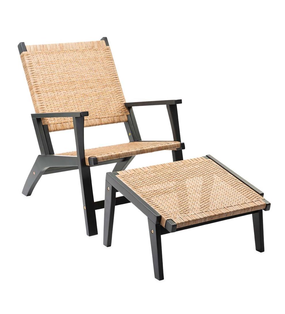 Plow &amp; Hearth Outdoor Wicker | Outdoor Living Claytor Eucalyptus Outdoor 2 Chairs And 2 Ottomans With Table, 5-Piece Set - Black